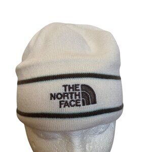 The North Face Cream Knit Beanie Hat Brown Stripe Logo 70% Wool Mens Womens
